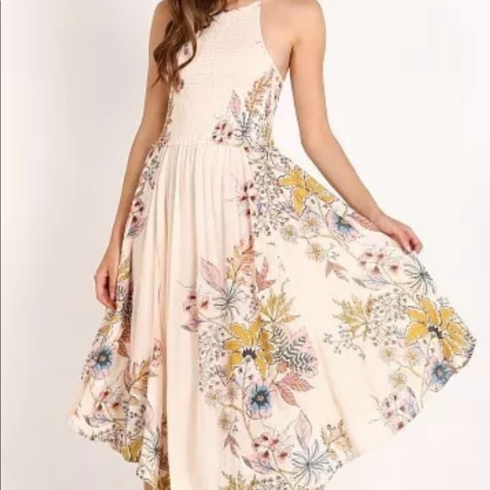 FREE PEOPLE Seasons In The Sun Smocked MIDI Dress Black Floral